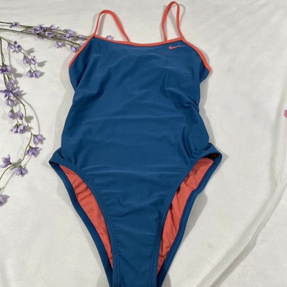 NEW Nike‎ [ 6 ] Cross Tie Back One Piece Swimsuit in Blue /Coral - Picture 4 of 12